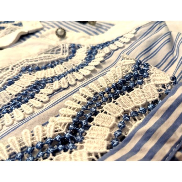 Authentic KARL LAGERFELD PARIS Blue Striped Cotton Blouse w/ Lace Sleeves Size S - Picture 6 of 8